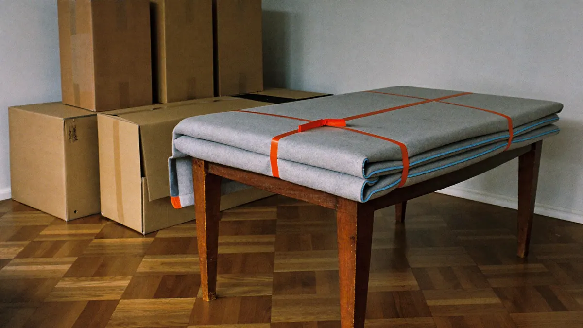 Table en bois recouverte d'une couverture de déménagement grise et sanglée d'orange, près de cartons empilés dans une pièce